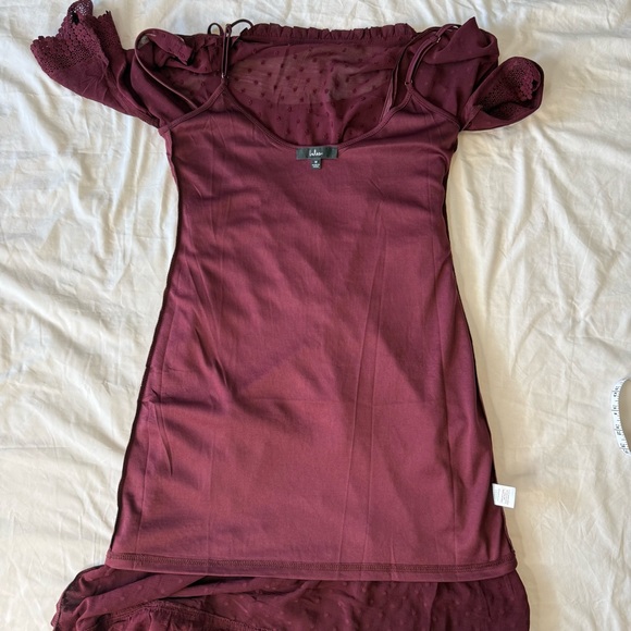 Lulus Wine Red Swiss Dot Crochet Lace Tiered Midi Dress M NWT Wedding Guest - Picture 2 of 13